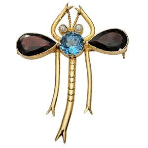 Sterling Silver Gold Vermeil Garnet Blue Topaz Pearl Dragonfly Brooch Pin, L807